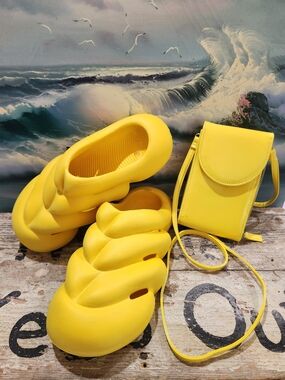 New Bold Yellow Foam Slide Clogs with Matching Crossbody Pouch